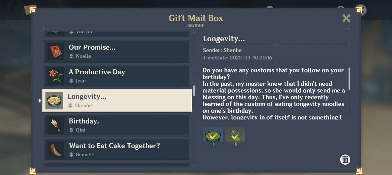 Shenhe&#039;s birthday mail in 2021 (Image via Genshin Impact)