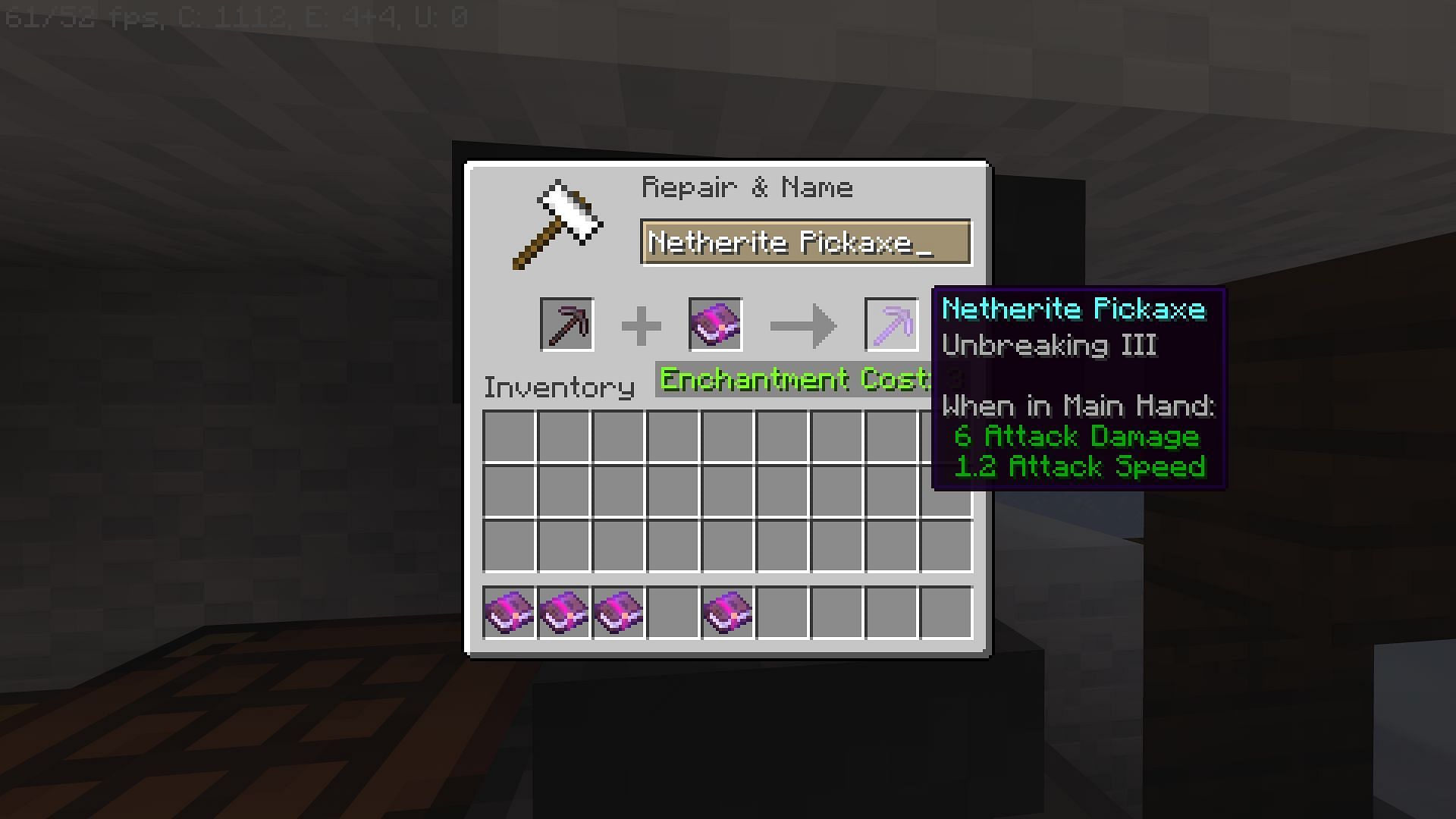 Unbreaking enchantment on a netherite pickaxe in Minecraft (Image via Mojang)