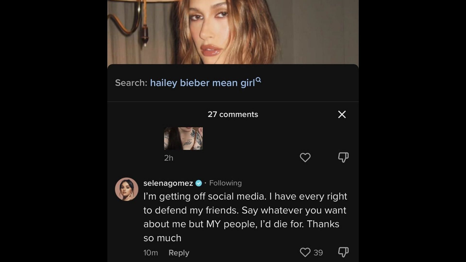 Screenshot of a comment made by Selena Gomez. (Image via @ghstofdrws/Twitter)