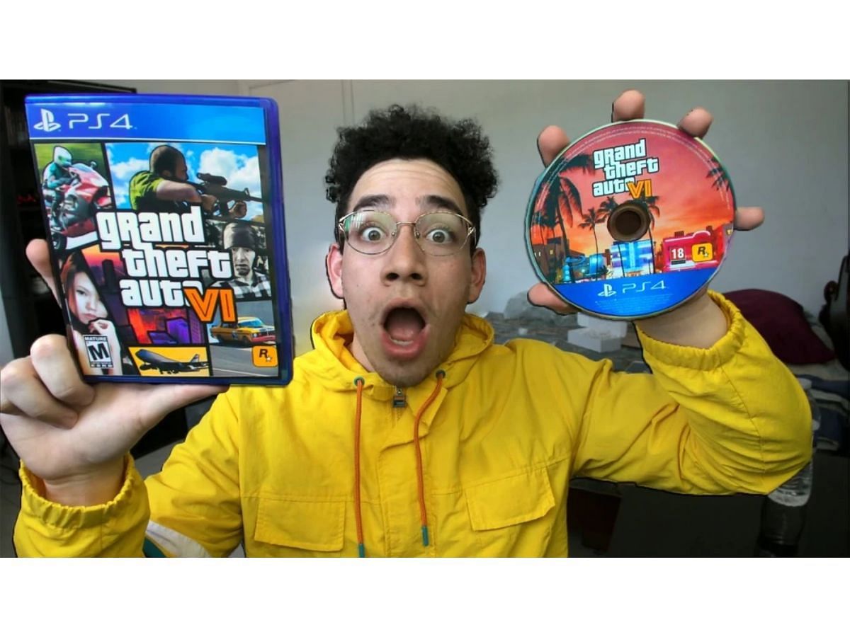 YouTuber Jean Sernandoe with a fake PS4 copy of Grand Theft Auto 6 (Image via YouTube Fandom)