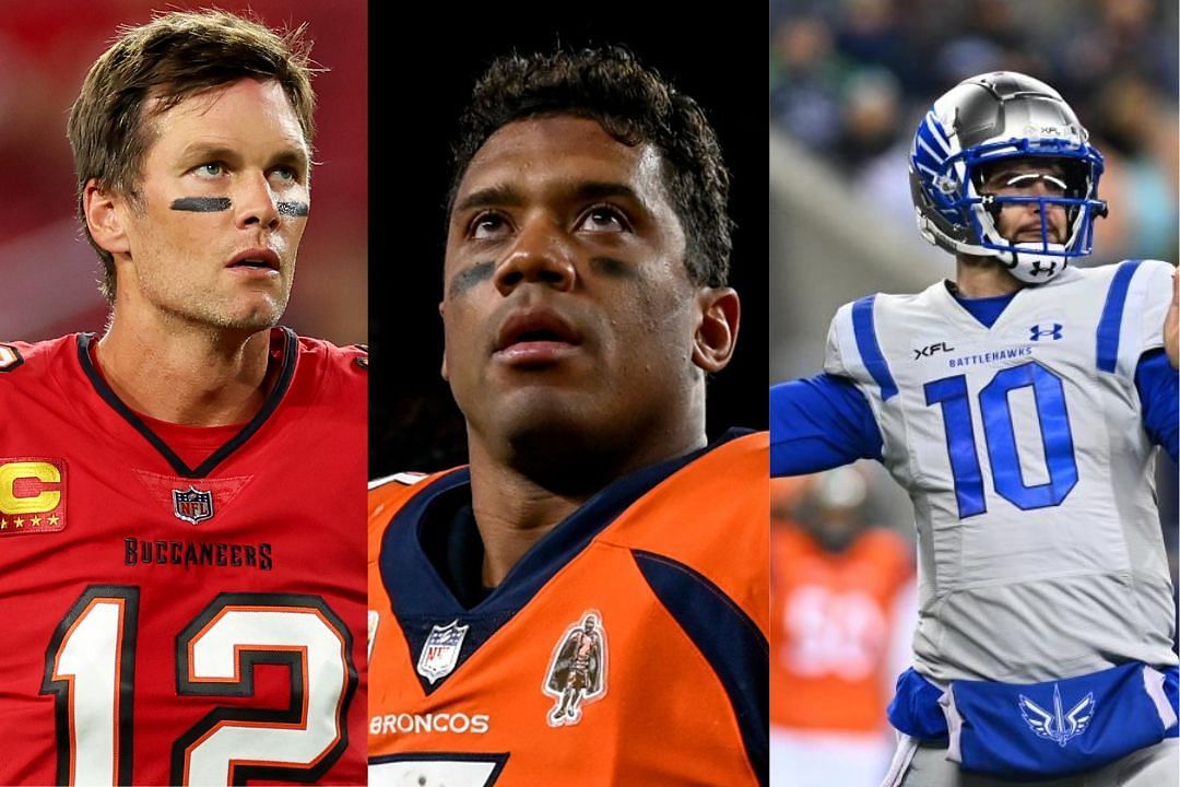 Tom Brady (l), Broncos QB Russell Wilson (m), and Battlehawks QB AJ McCarron (r)