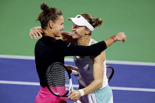 Veronika Kudermetova and Liudmila Samsonova celebrate their victory in the women's doubles final