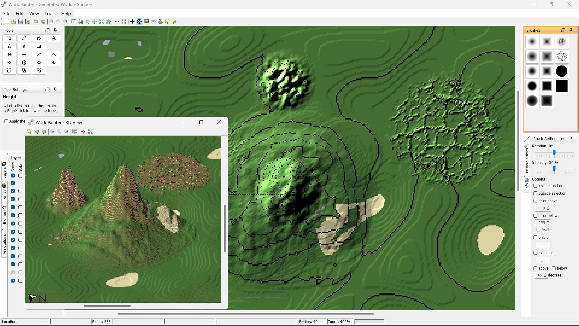 Create mountains in the Minecraft world with the &#039;height&#039; tool in WorldPainter (Image via Sportskeeda)