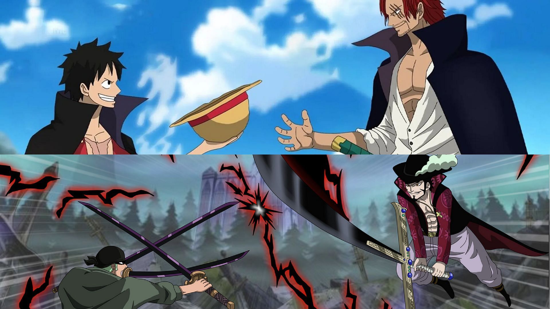 The fates of Luffy and Zoro are intertwined with those of Shanks and Mihawk (Image via Eiichiro Oda/Shueisha, One Piece)