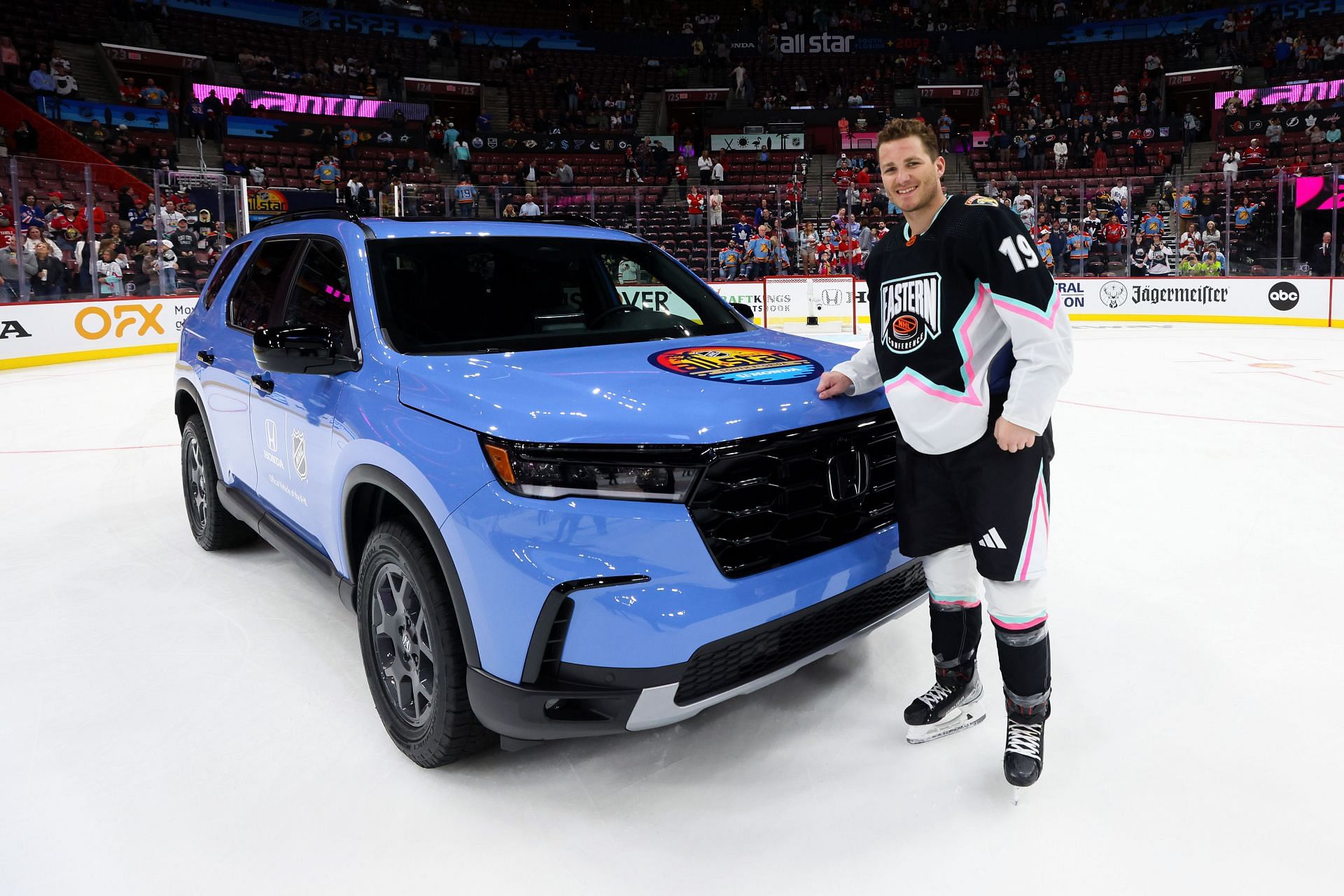 Matthew Tkachuk #19 of the Florida Panthers after winning the MVP award in the 2023 NHL All-Star Game (Photo by Bruce Bennett/Getty Images)