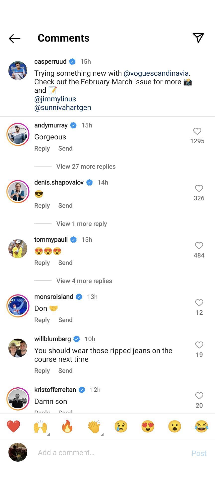 Screen grab from players&#039; reactions to Casper Ruud&#039;s post