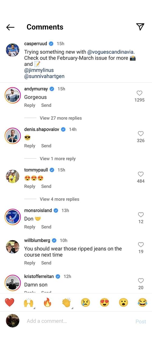 Screen grab from players' reactions to Casper Ruud's post