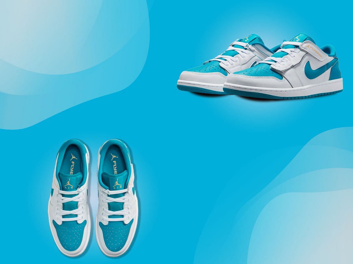 AJ1 Low Flyease &quot;White Aquatone&quot; Sneakers up and front profile (Image via Sportskeeda)