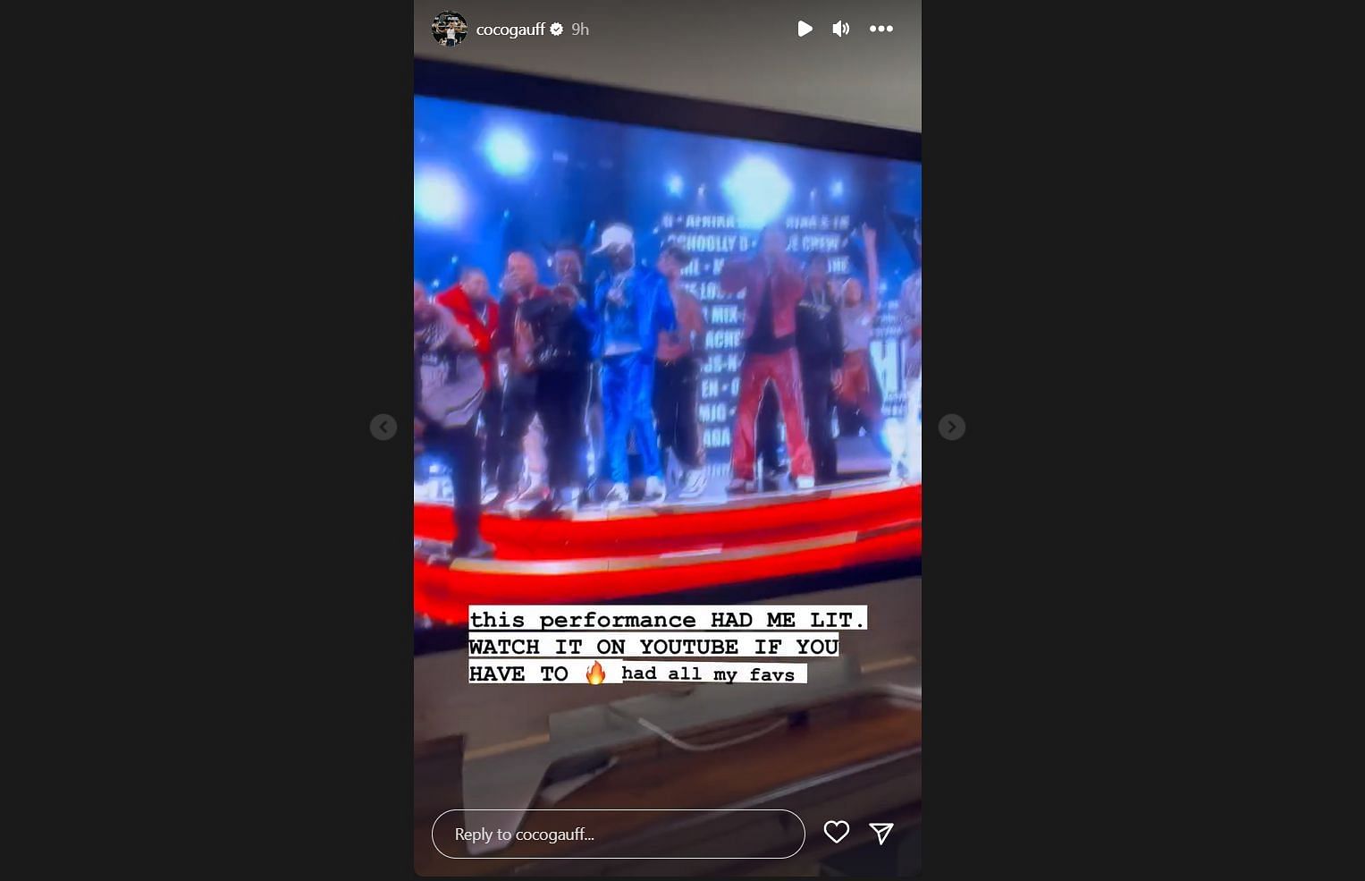 Coco Gauff reacts to the hip-hop mix at 2023 Grammy Awards (Via Instagram).