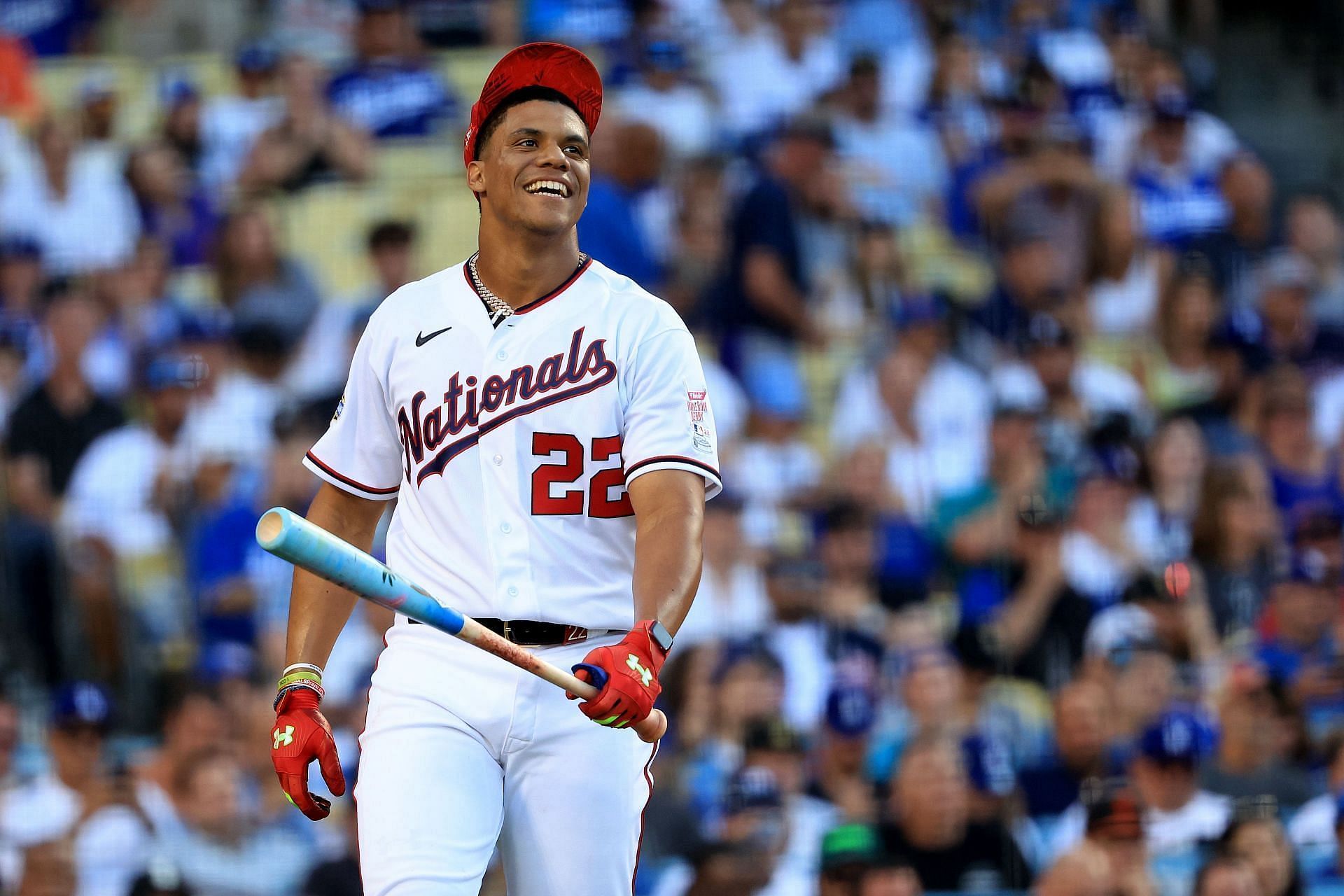 National League All-Star Juan Soto #22 of the Washington Nationals reacts while competing during the 2022 T-Mobile Home Run Derby at Dodger Stadium on July 18, 2022 in Los Angeles, California. (Photo by Sean M. Haffey/Getty Images)