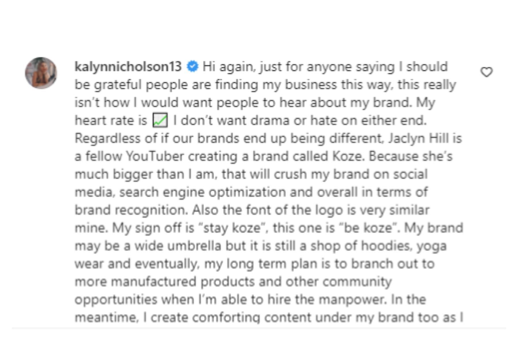 Kalyn Nicholson commented under an Instagram post from Jaclyn Hill&#039;s brand &quot;Koze&quot; (Image via Instagram/@kalynnicholson13)