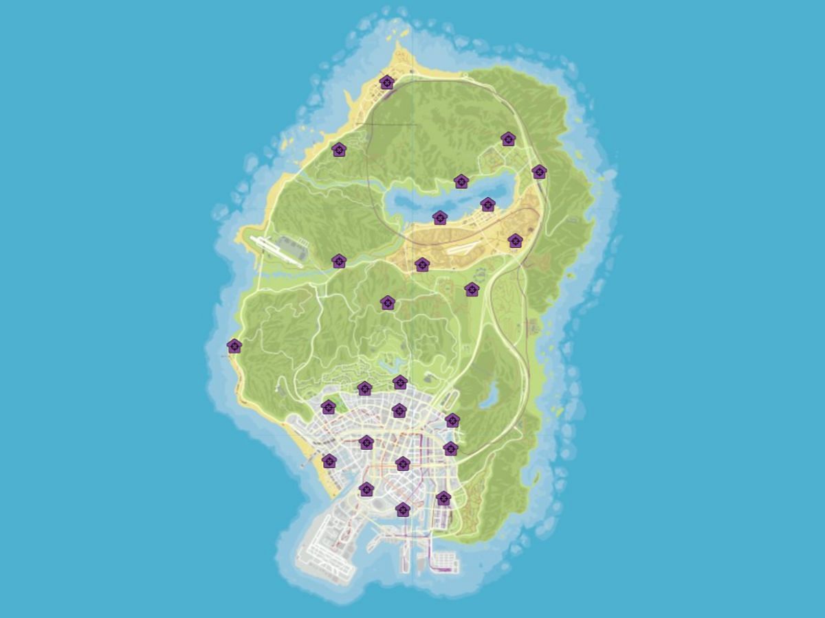 All Stash House locations on the Grand Theft Auto Online map (Image via GTAWeb)