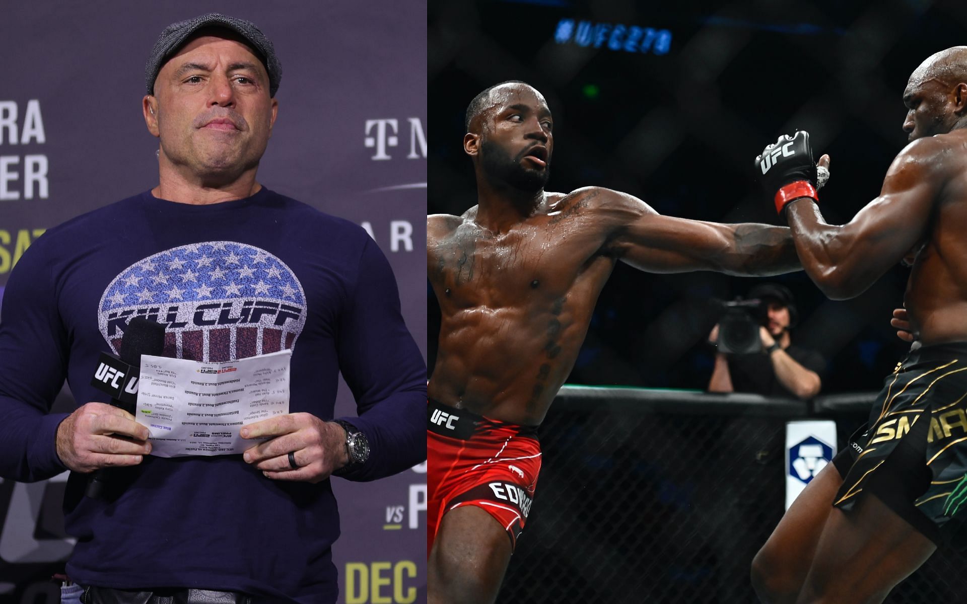 Joe Rogan (left) and  Leon Edwards vs. Kamaru Usman at UFC 278 (right) [Image Credits: Getty Images]