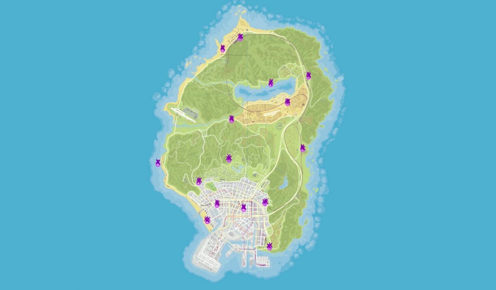 A map of all potential spawns for this daily collectible (Image via GTAWeb.eu)