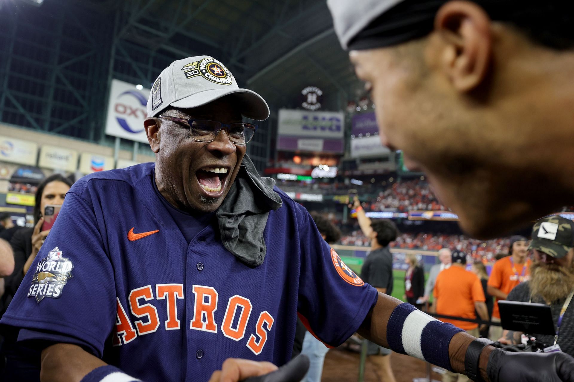 Manager Dusty Baker Jr. of the Houston Astros celebrates after defeating the Philadelphia Phillies to win the 2022 World Series.