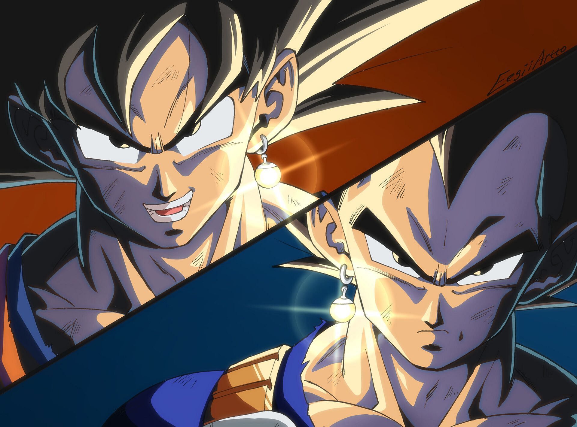 Goku and Vegeta using the Potara Earrings as seen in the anime (Image via ArtStation/EEgii)