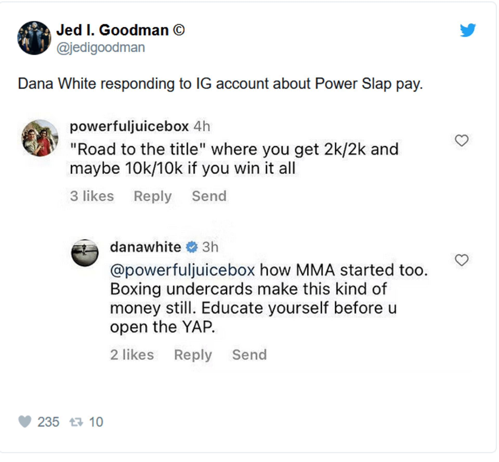 Dana White&#039;s reply on Power Slap fighter pay