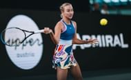 Potapova attempts to strike the ball at the Upper Austria Ladies Linz 2023