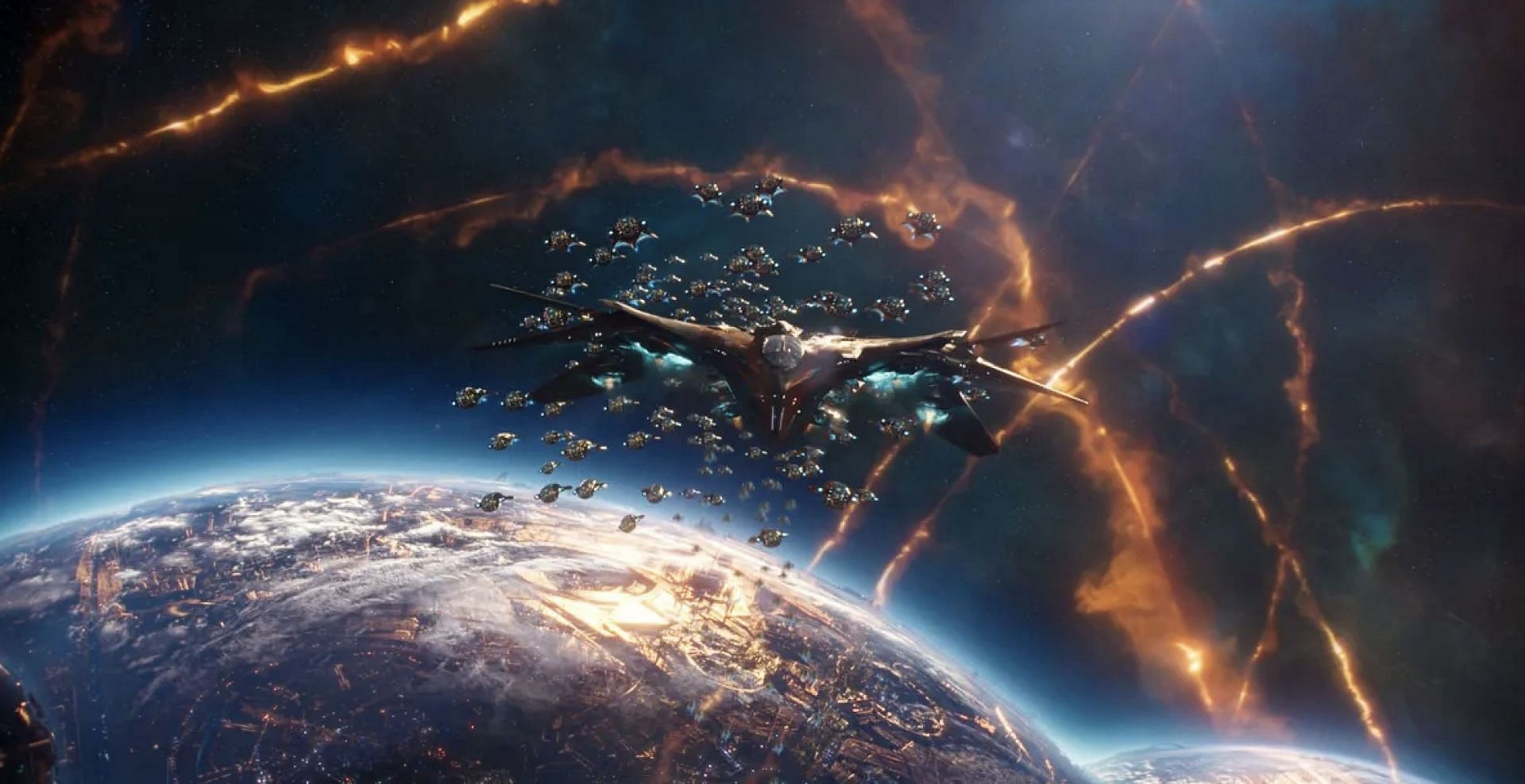 The Guardians engage in an epic battle with the Sovereign Fleet (Image via Marvel Studios)