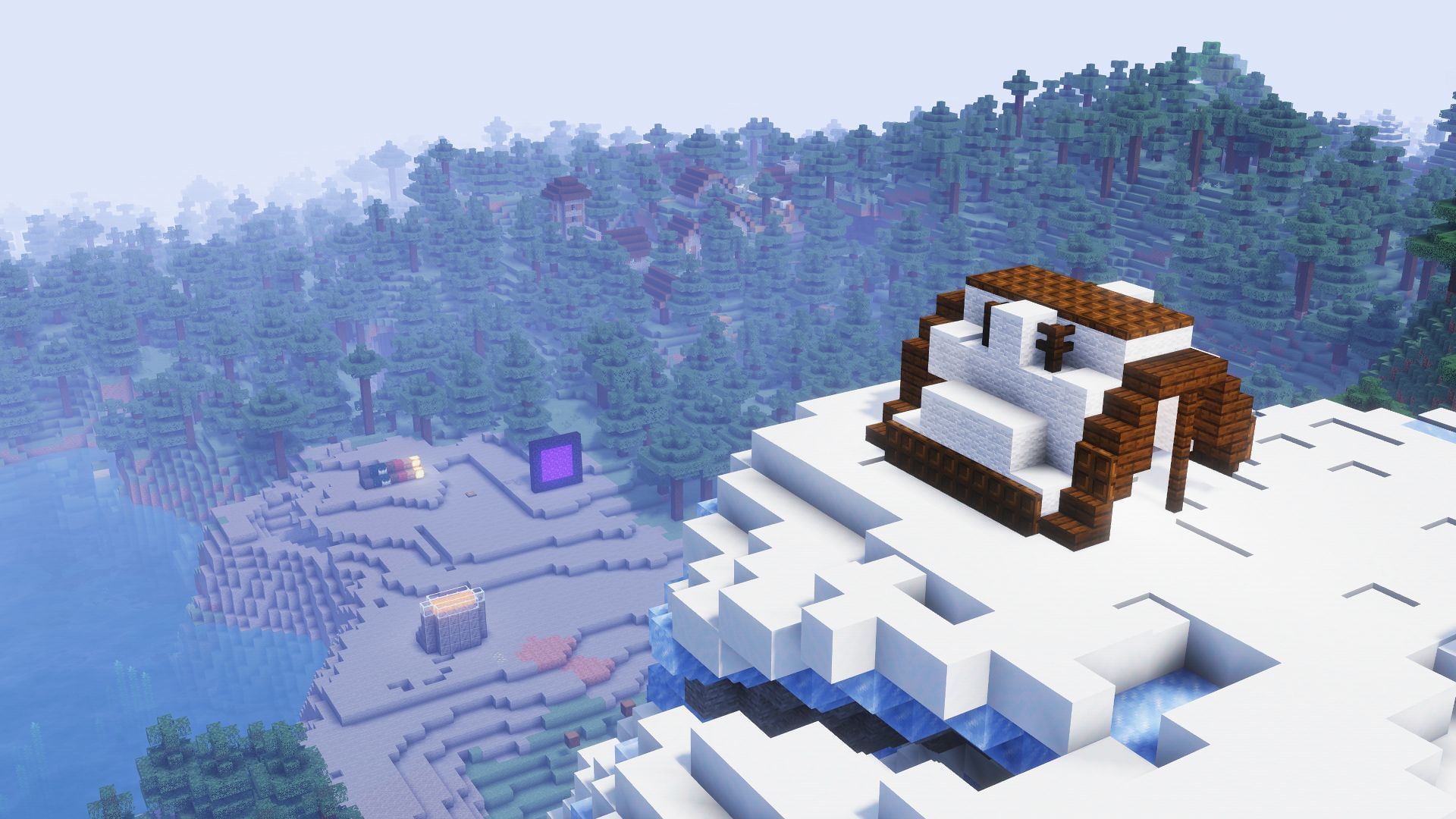 A picture of a hut and distant forest with Solas shaders in Minecraft 1.19.3 (Image via Mojang)