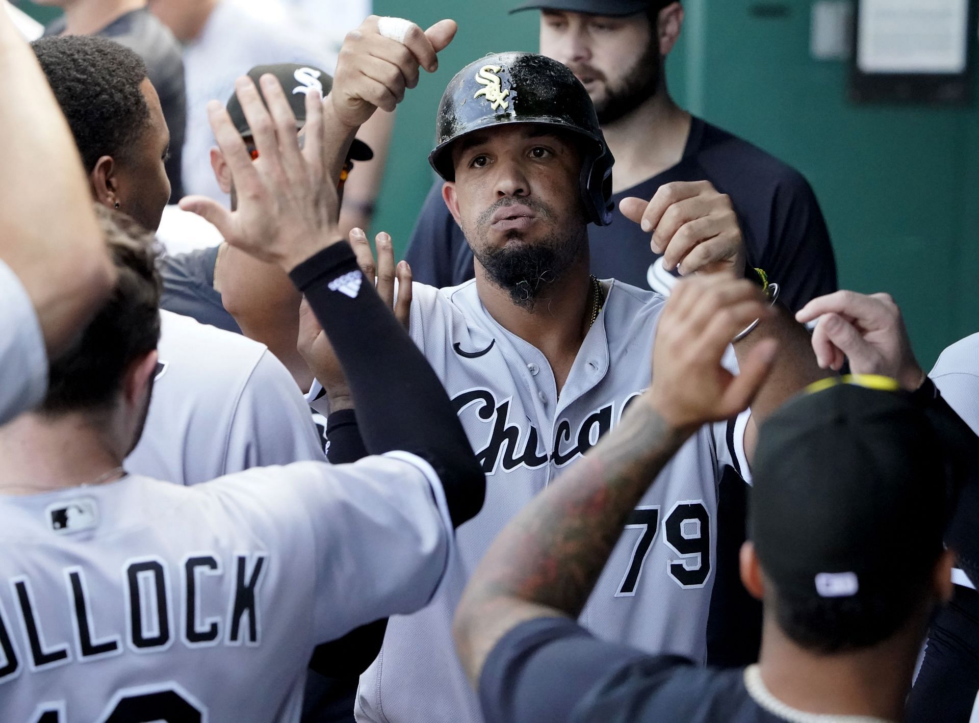 Jose Abreu of the Chicago White Sox celebrates scoring.