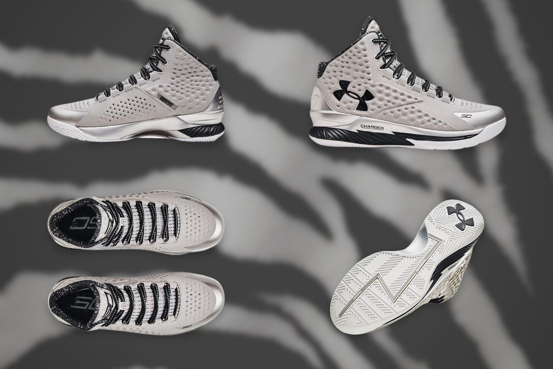 The newly released Stephen Curry x Under Armour Curry 1 &quot;Black History Month&quot; sneakers come clad in a Metallic Silver and Black color scheme (Image via Sportskeeda)