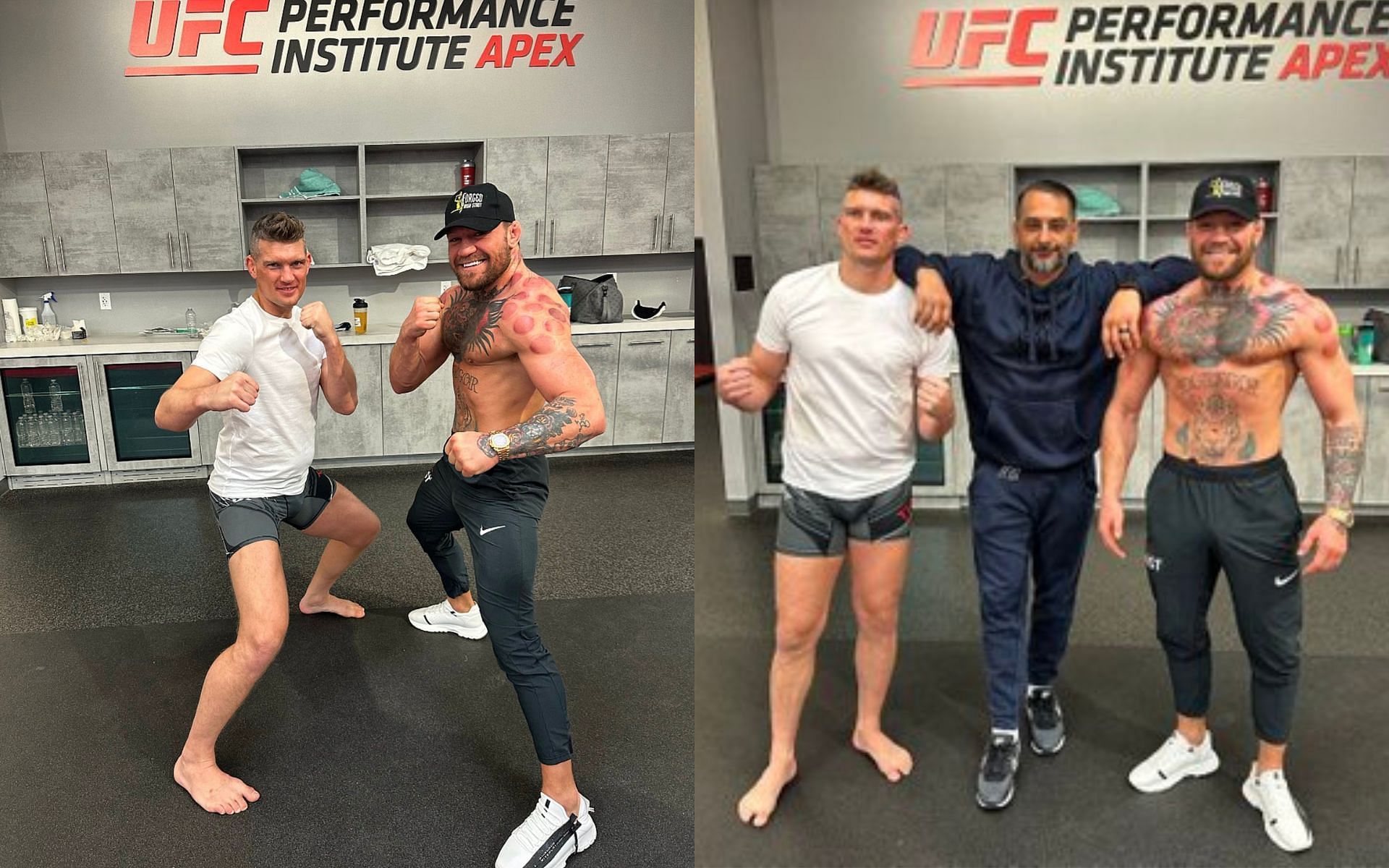 Stephen Thompson and Conor McGregor (left) and Stephen Thompson and Conor McGregor with Audie Attar (right) (Image @TheNotoriousMMA on Twitter)