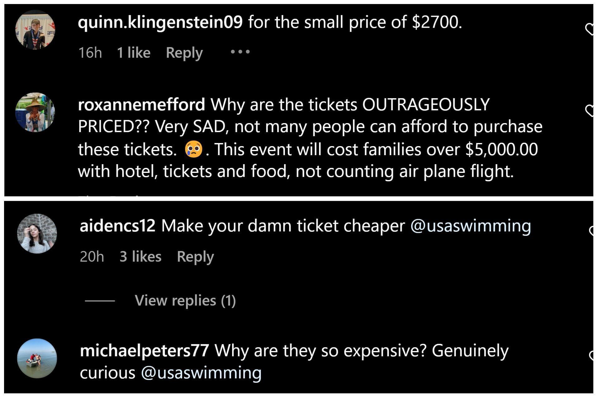 Fans take to the comments section to complain about the ticket prices for the 2024 National Olympic Trials: Image via Instagram (@usaswimming)