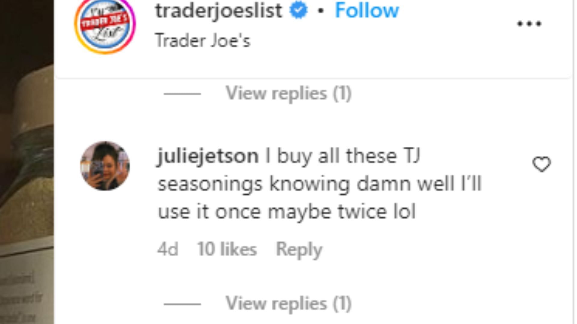 A comment by the user @juliejetson (Image via Instagram)