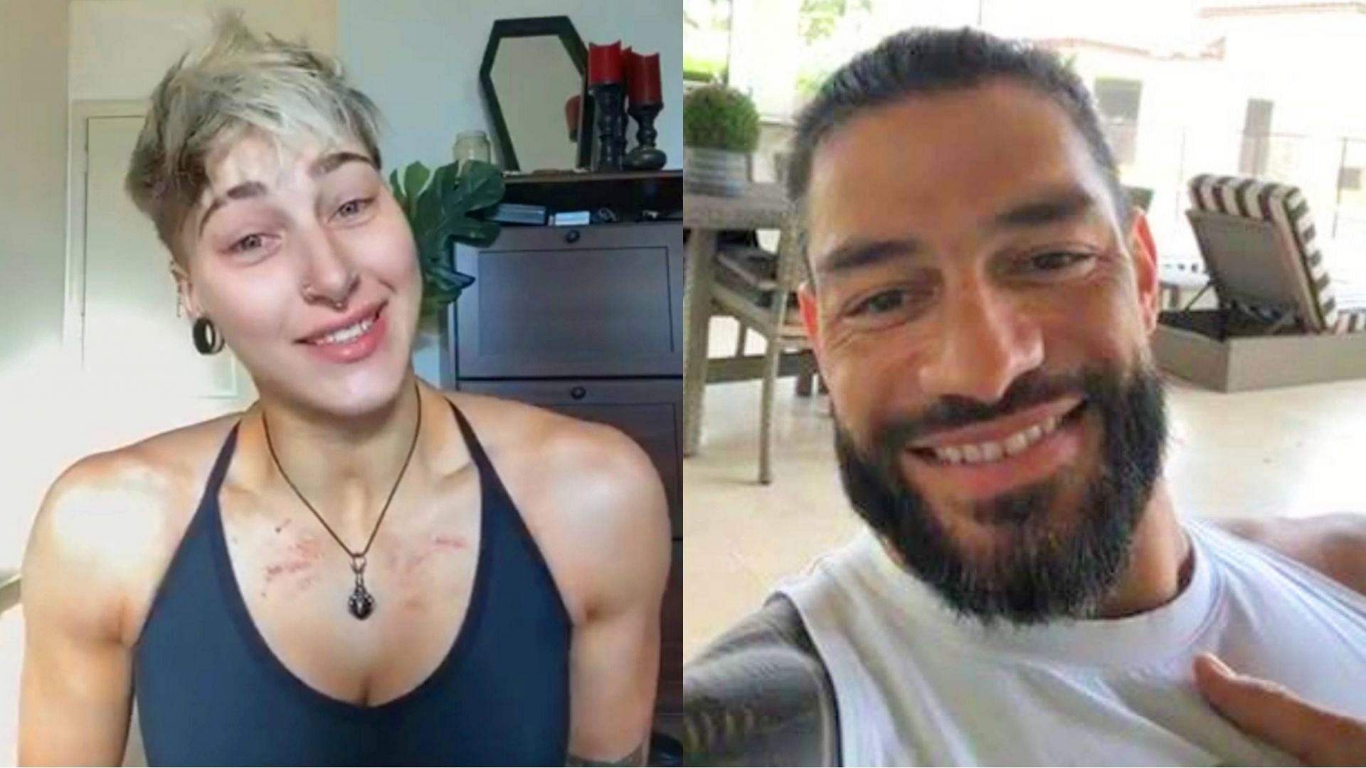 Rhea Ripley (left) and Roman Reigns (right)
