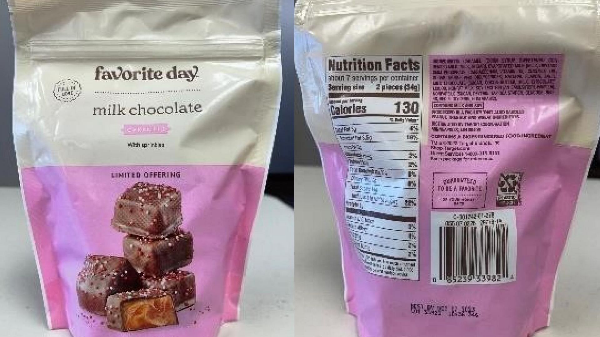 front and back view of the recalled Favorite Day branded Valentine&#039;s Milk Chocolate Covered Caramels with Nonpareils that contain undeclared tree nut allergens (Image via FDA)
