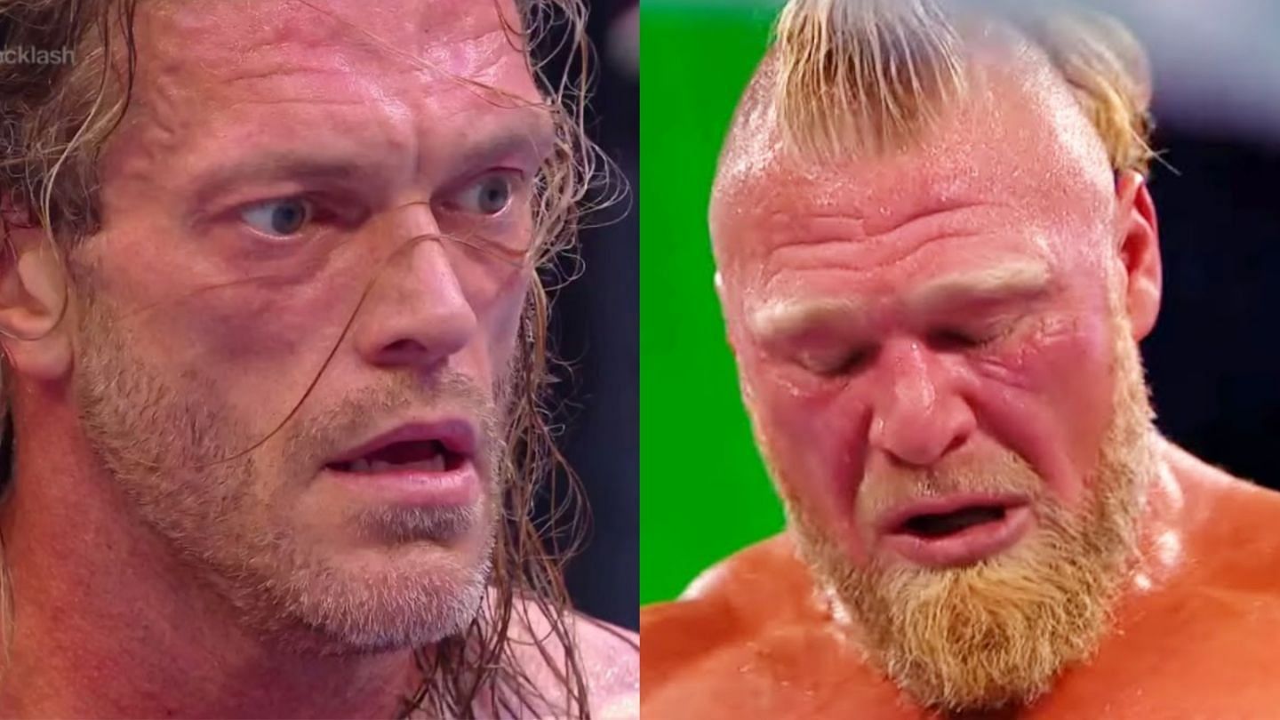 Edge (left); Brock Lesnar (right)