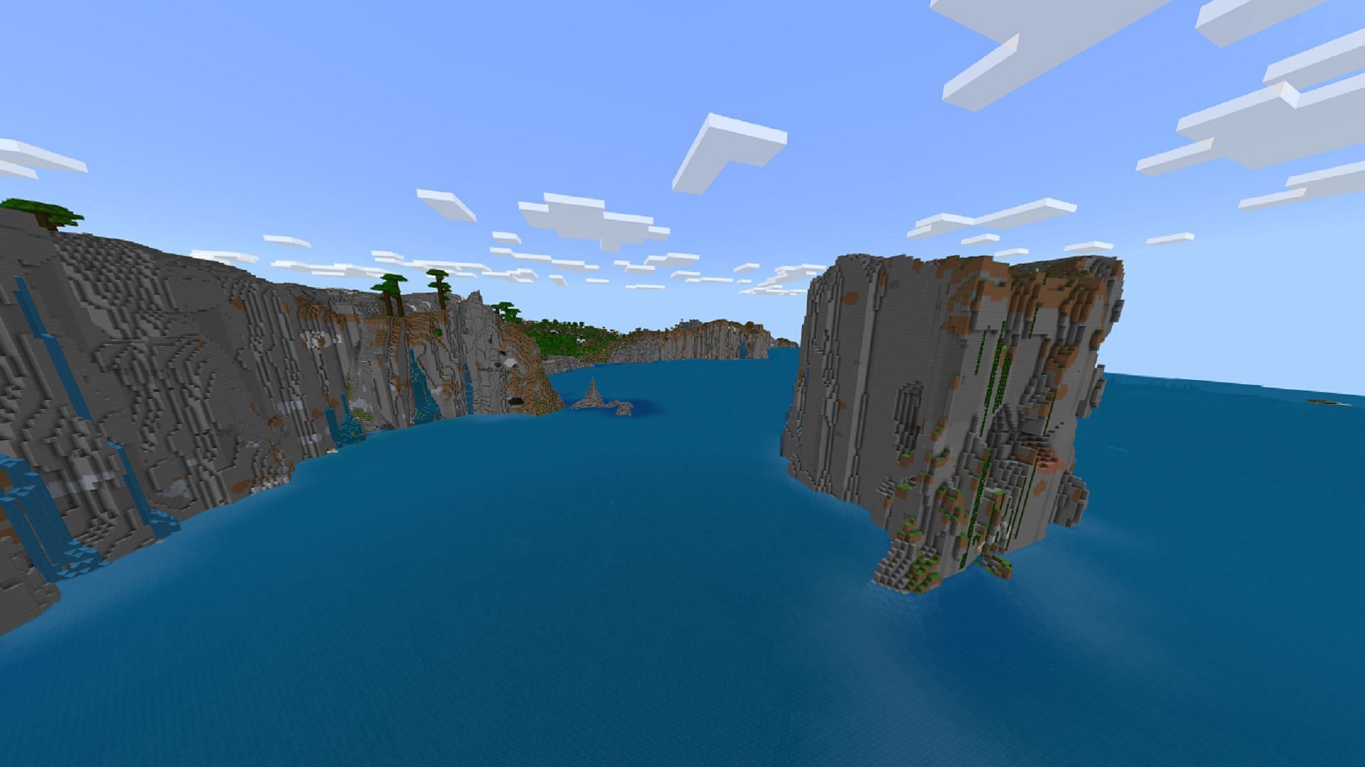 The terrain in this Minecraft seed has a nice mix of islands, cliffs, and structures (Image via Mojang)