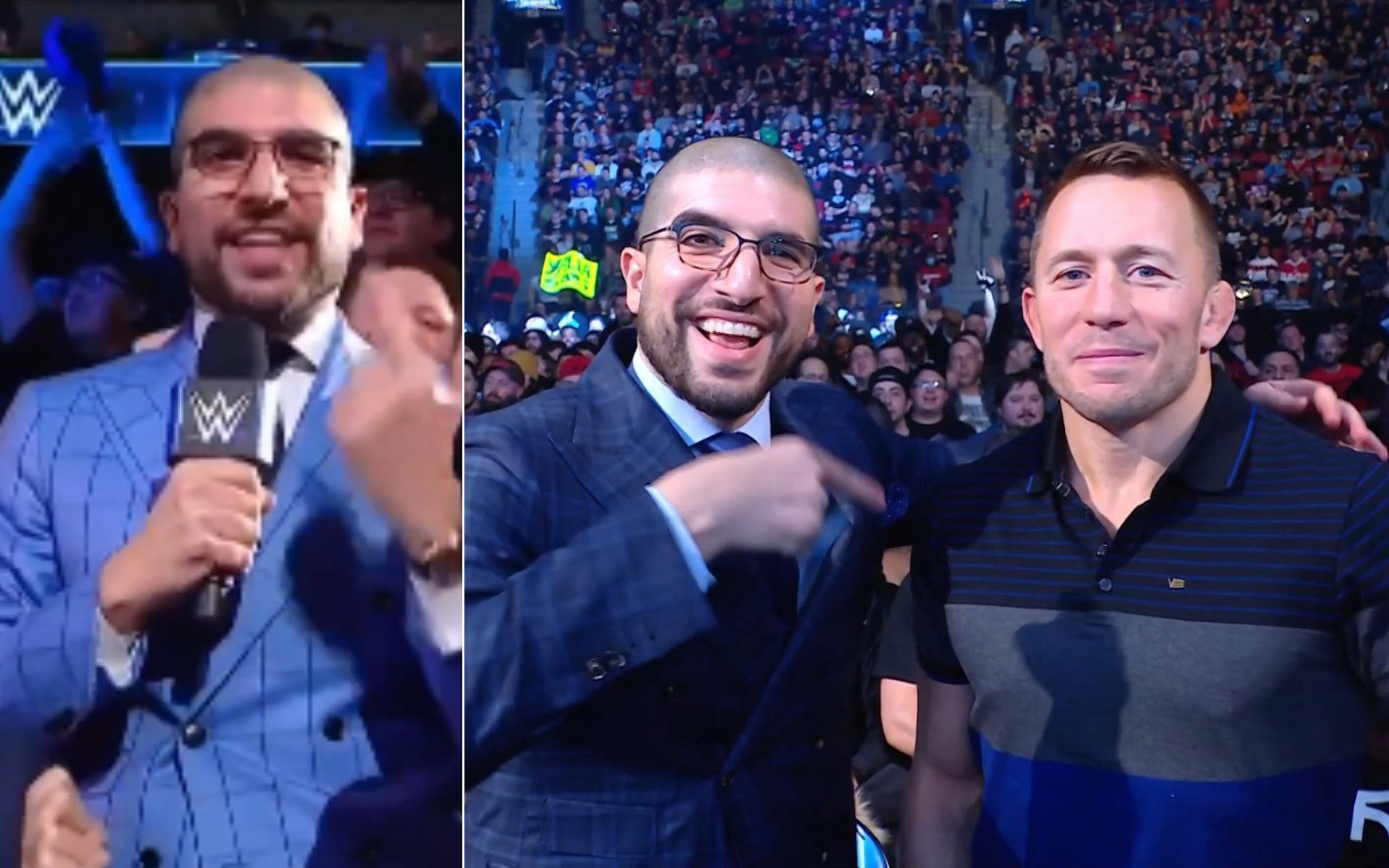 Ariel Helwani (Left), and Georges St-Pierre (Right) [Photo credit: @btsportwwe and @WWE - Twitter]