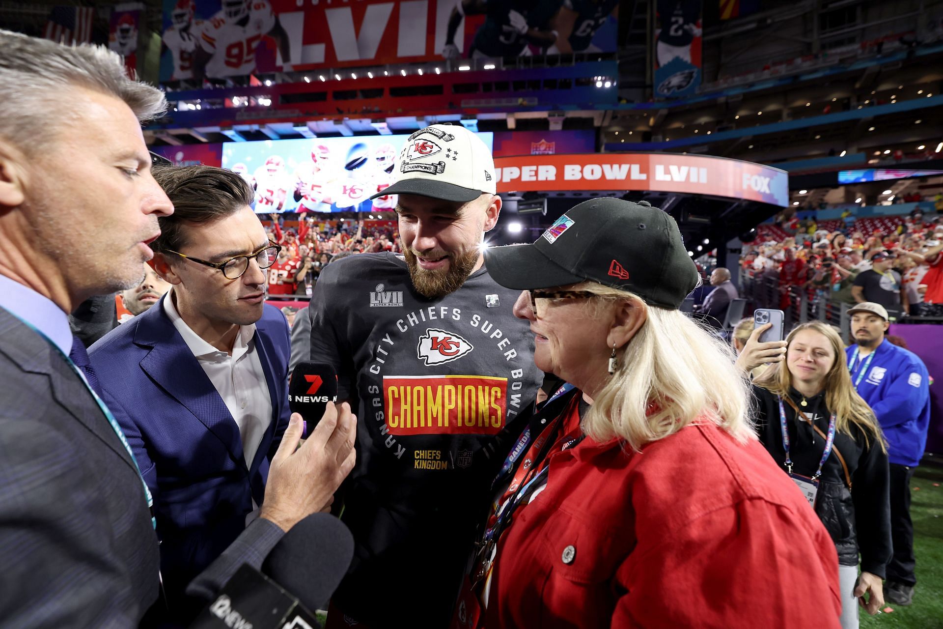 The mother of Travis and Jason Kelce being interviewed