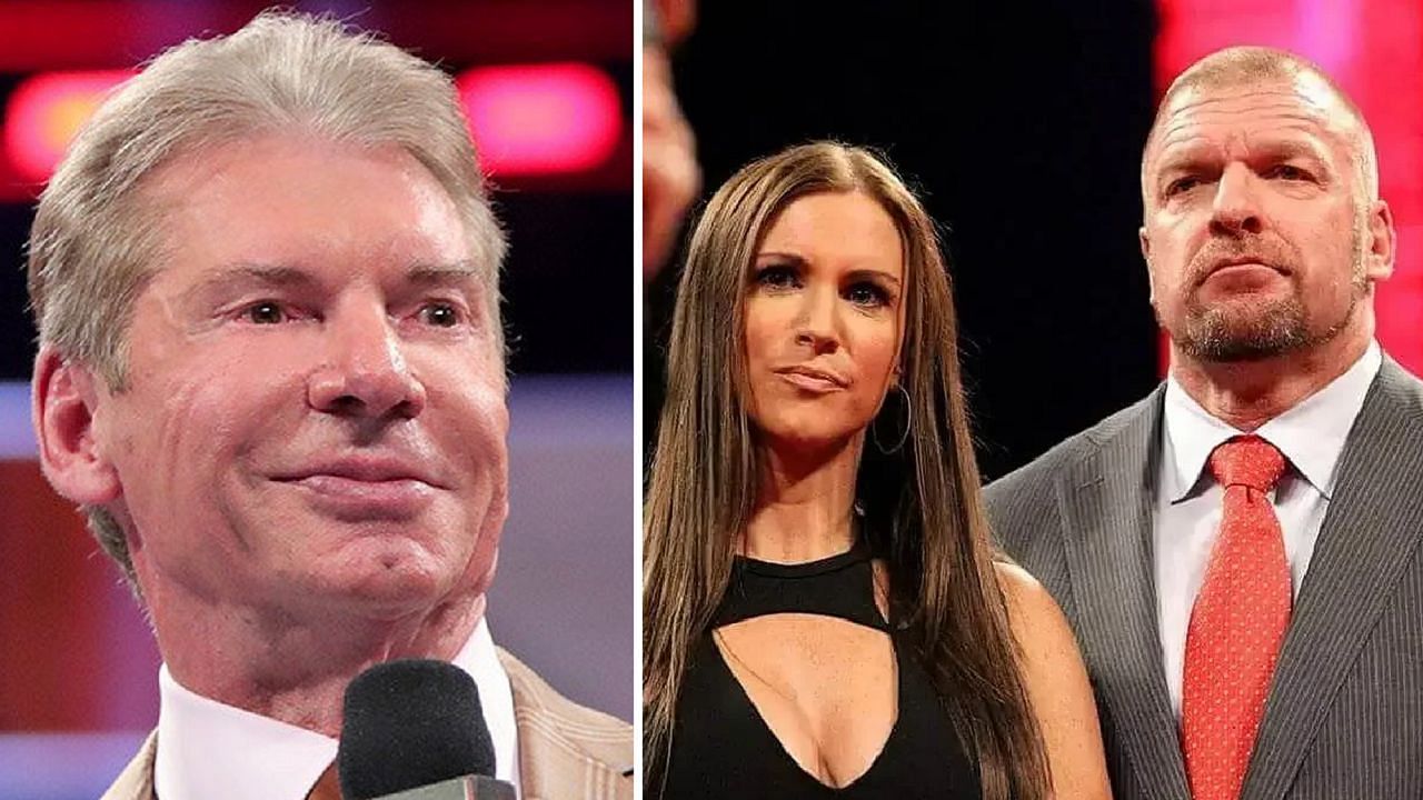 Vince McMahon (left); Stephanie and Triple H (right)