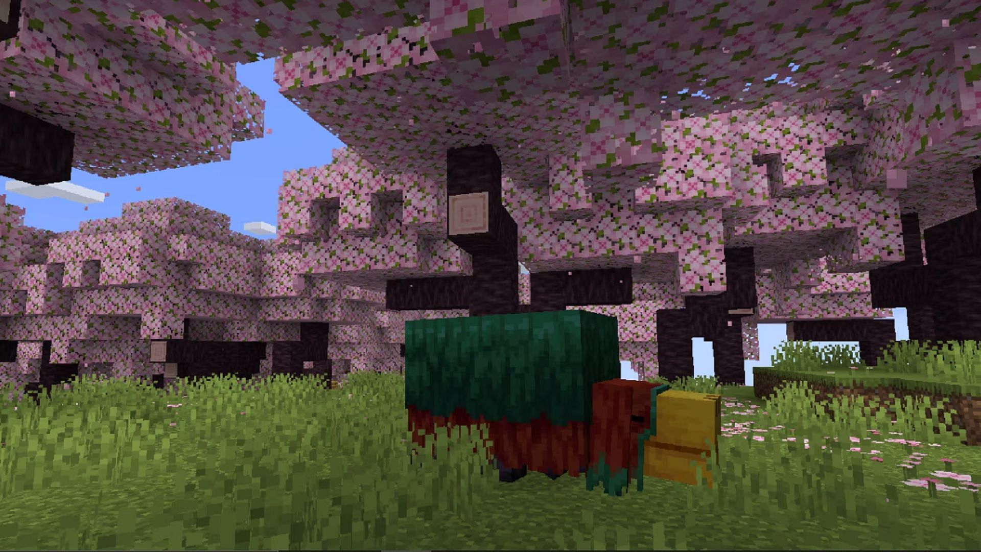 A sniffer mob roams Minecraft&#039;s new cherry blossom biome (Image via Mojang)