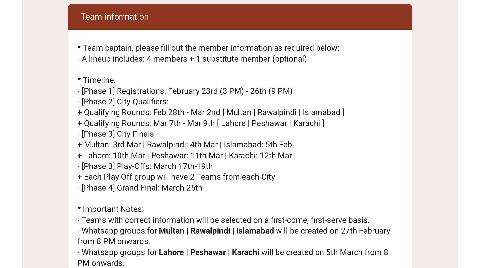 Team information and schedule for Pakistan Qualifiers (Screenshot via Garena)