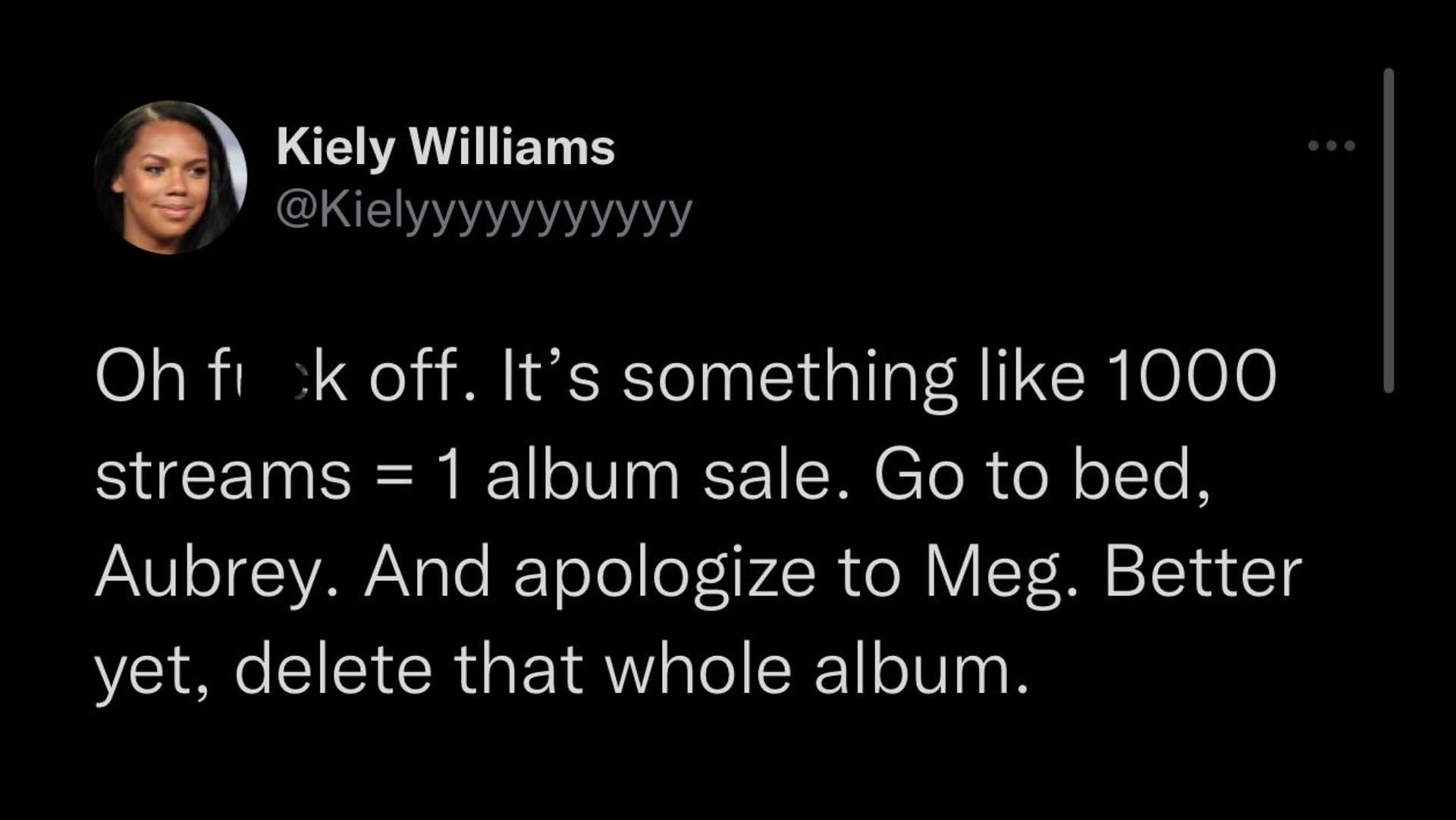 Screenshot of Kiely Williams&#039; tweet as she takes a dig at Drake.