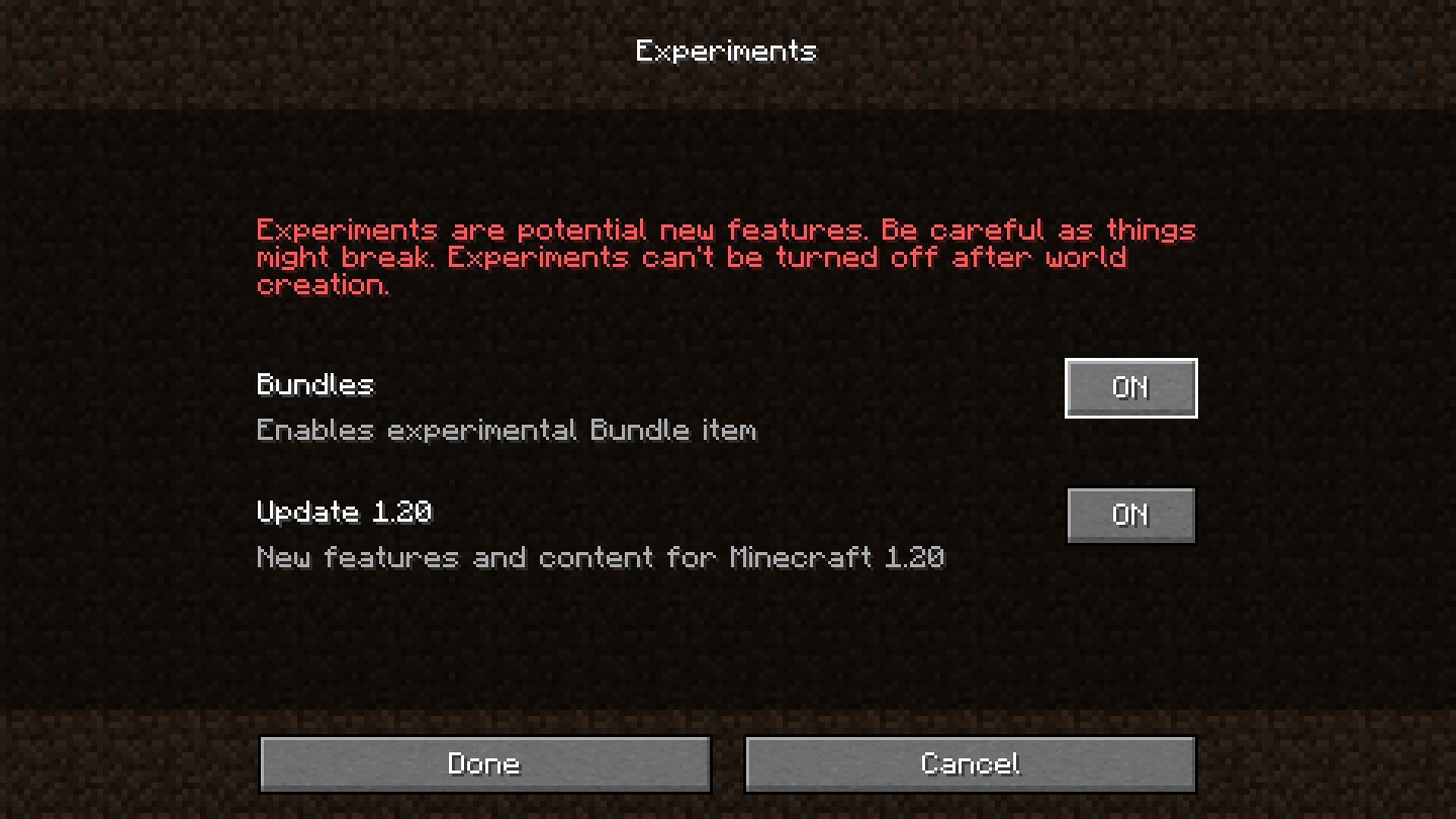 minecraft disable experimental settings warning