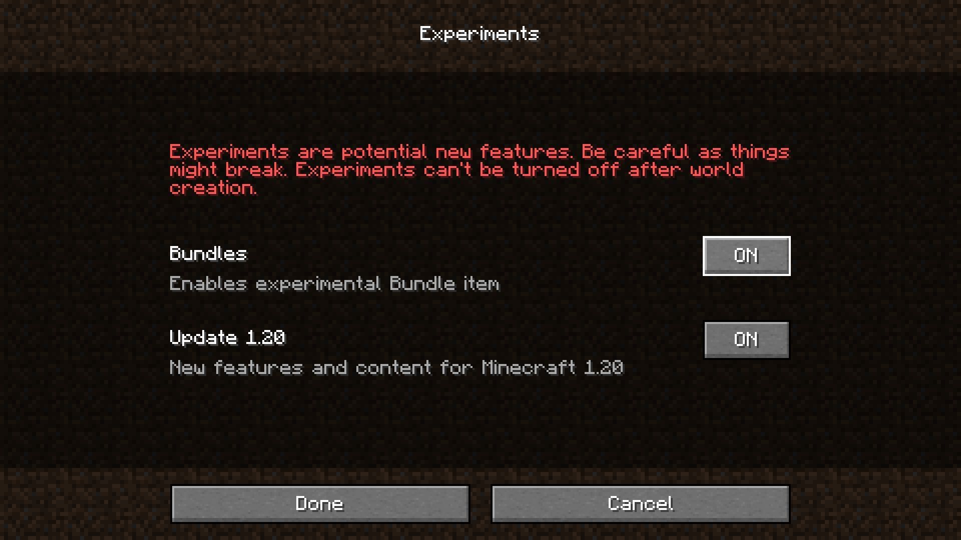 experimental setting minecraft