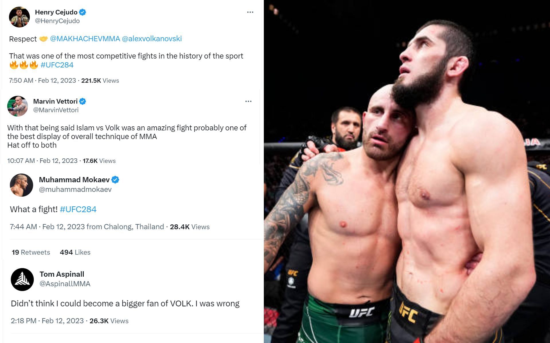 Twitter reactions from MMA fighters (left) and Alexander Volkanovski vs. Islam Makhachev at UFC 284 (right) [Image courtesy: @henrycejudo, @marvinvettori, @muhammadmokaev and @aspinallmma on Twitter]