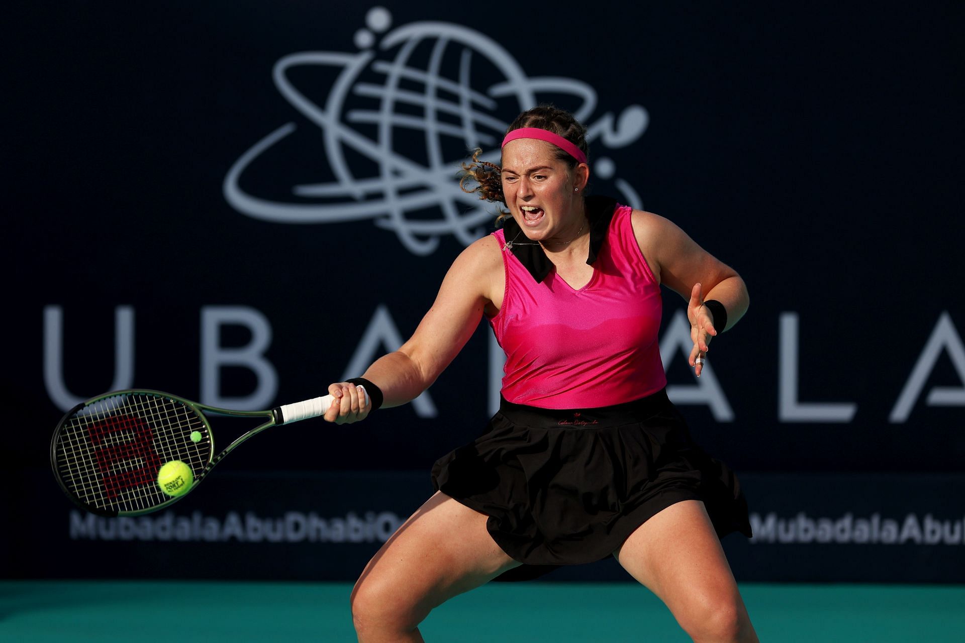 Jelena Ostapenko in action at the 2023 Mubadala Abu Dhabi Open