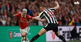 Manchester United star Antony spotted smiling after being floored by tackle following dazzling footwork that left Newcastle star embarrassed