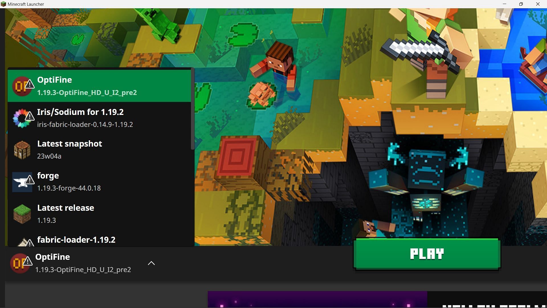 From the drop-down menu in the official game launcher, select the OptiFine version of Minecraft 1.19.3 (Image via Sportskeeda)