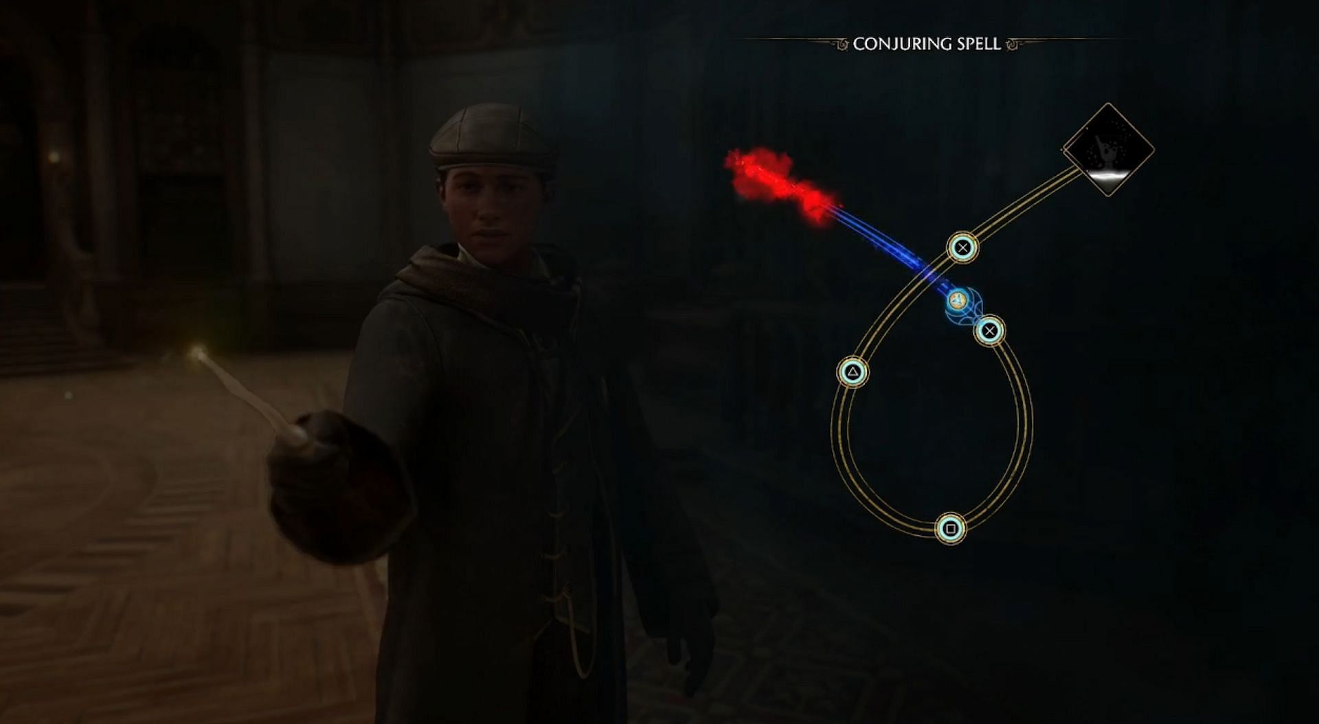 Press the sequence of buttons to learn the Conjuring spell (Image via WB Games)