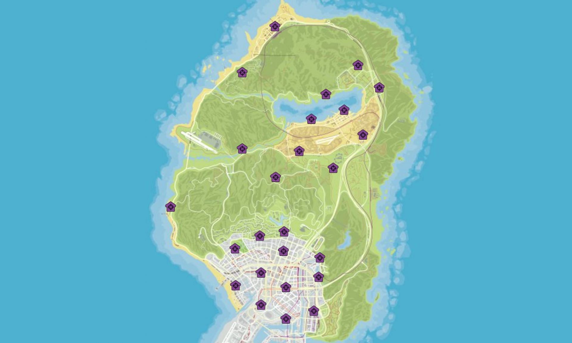 This map shows all the possible spawn locations of this Freemode task (Image via GTAWeb.eu)