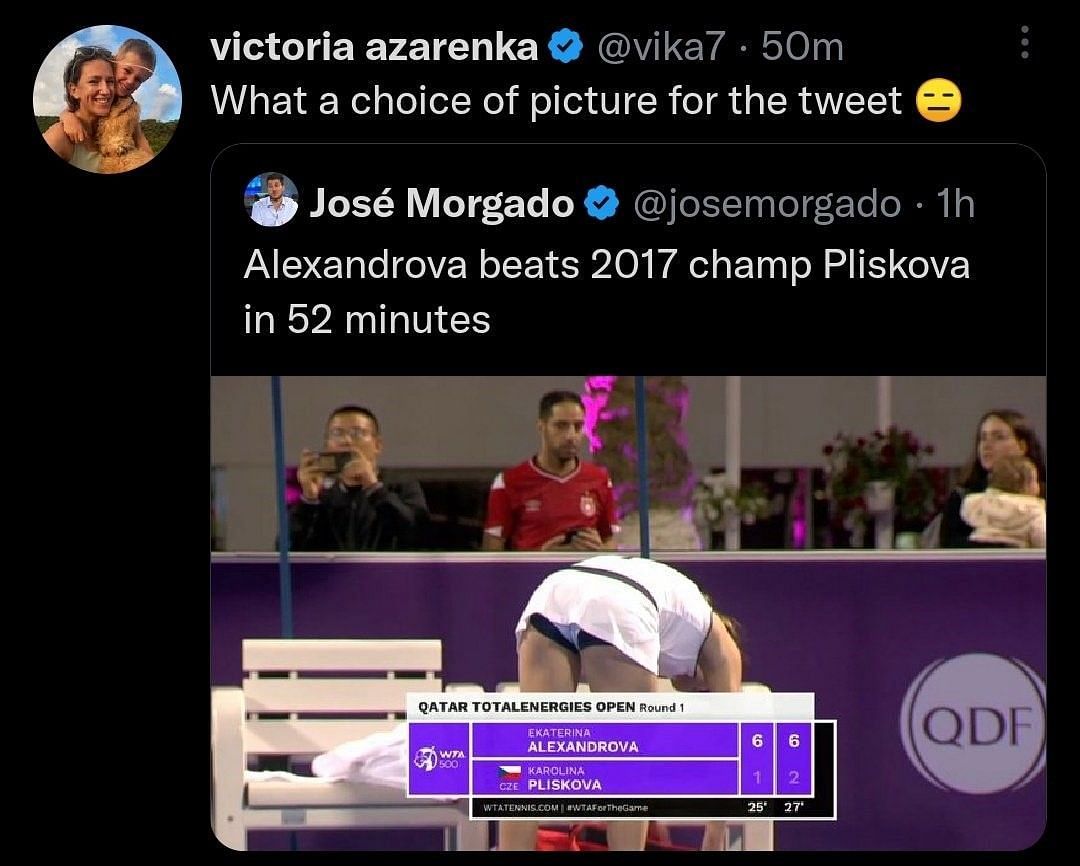 Victoria Azarenka reacts to a tweet by tennis journalist Jose Morgado.