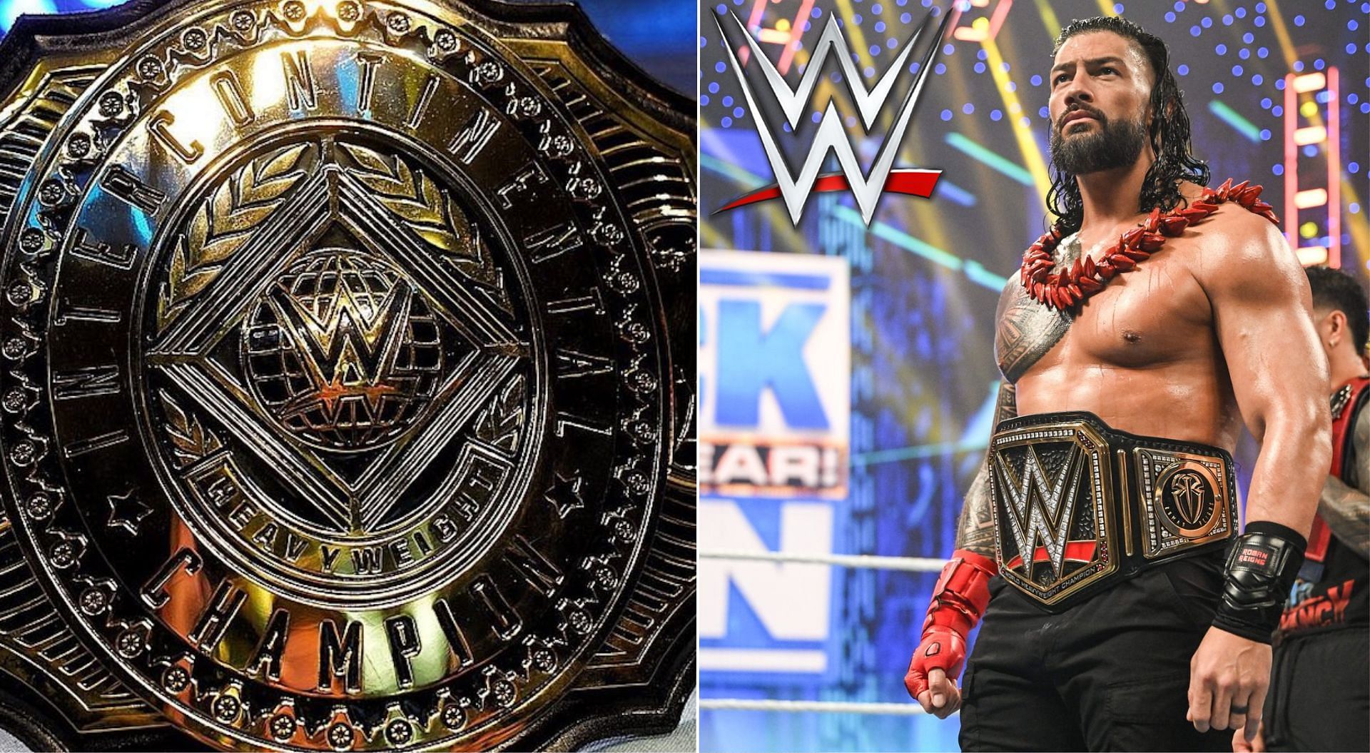 WWE Intercontinental Title (left), Roman Reigns (right)