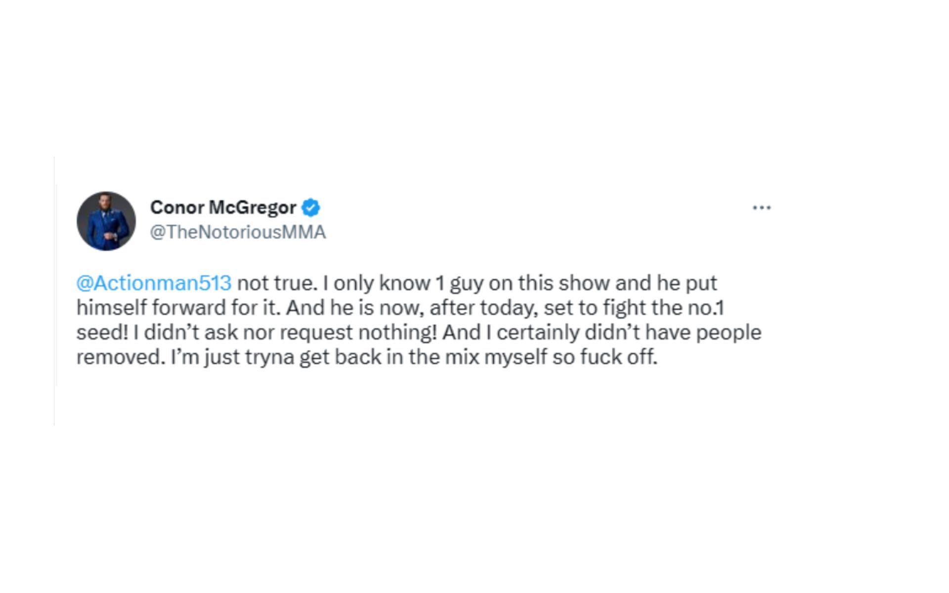 Screenshot of McGregor&#039;s since-deleted tweet denying reports that he removed contestants from TUF